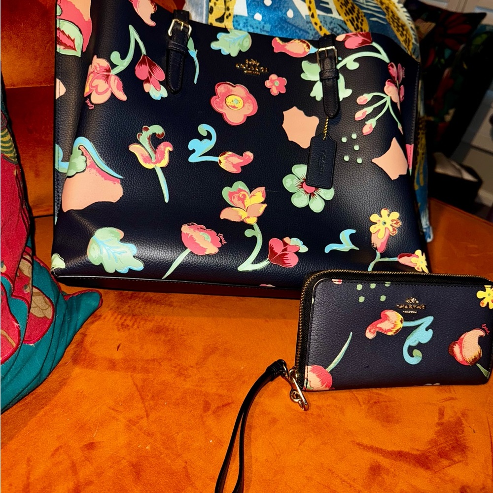 Floral Navy Leather Coach MollieTote Bag